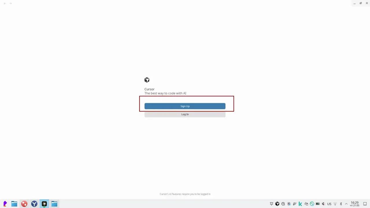 Стартовый экран Cursor с кнопками Sign Up и Log In