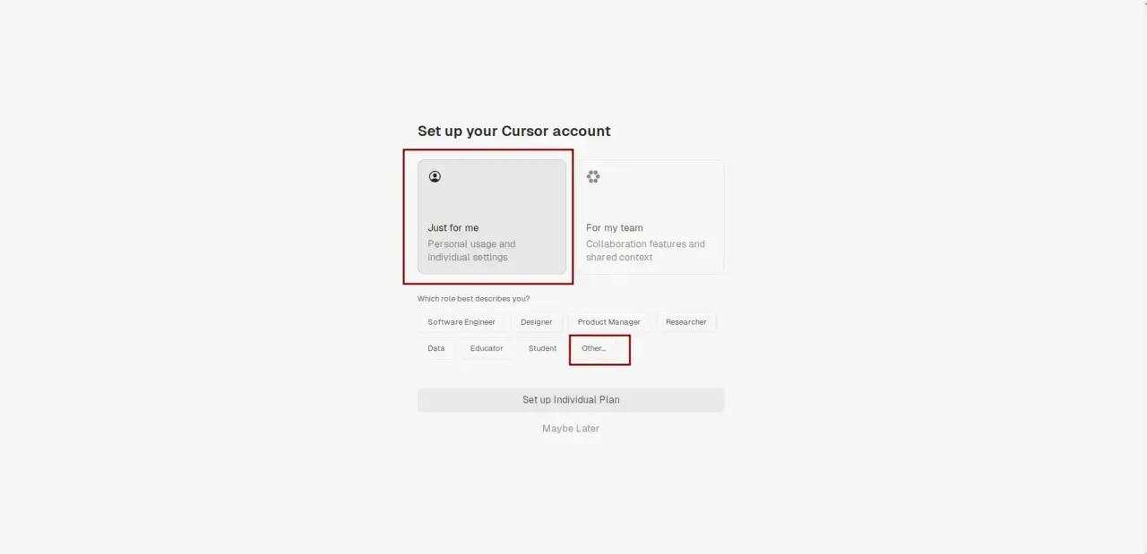 Set up your Cursor account - Just for me и роль Other